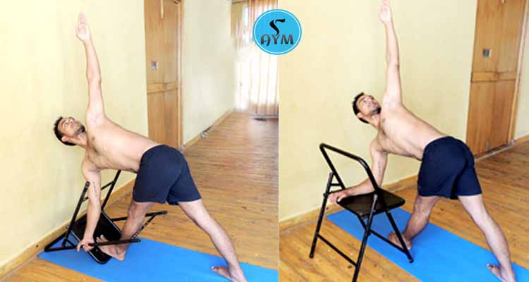 Parivrtta trikonasana with chair