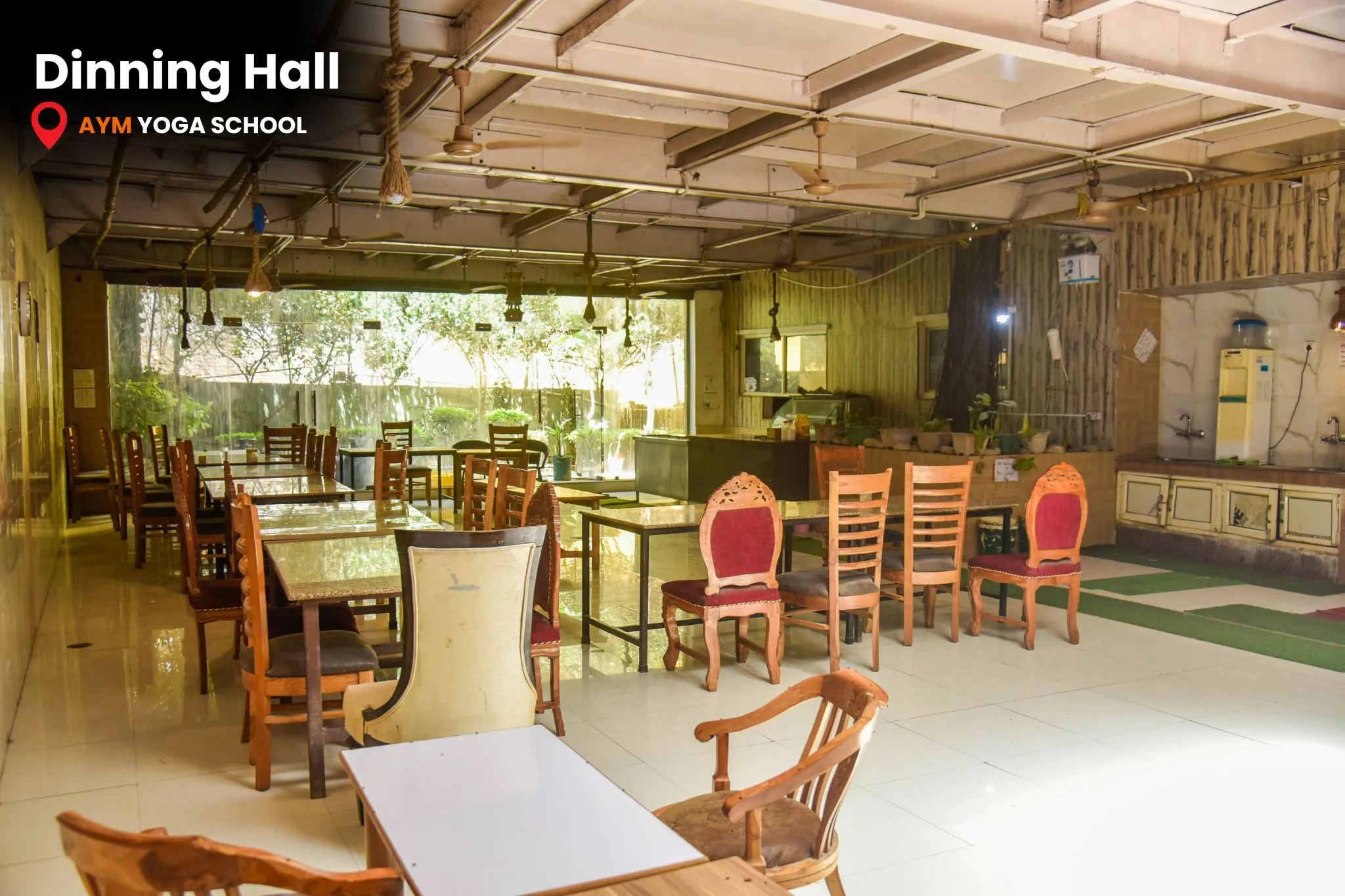 Spacious yoga hall with wooden flooring in Rishikesh