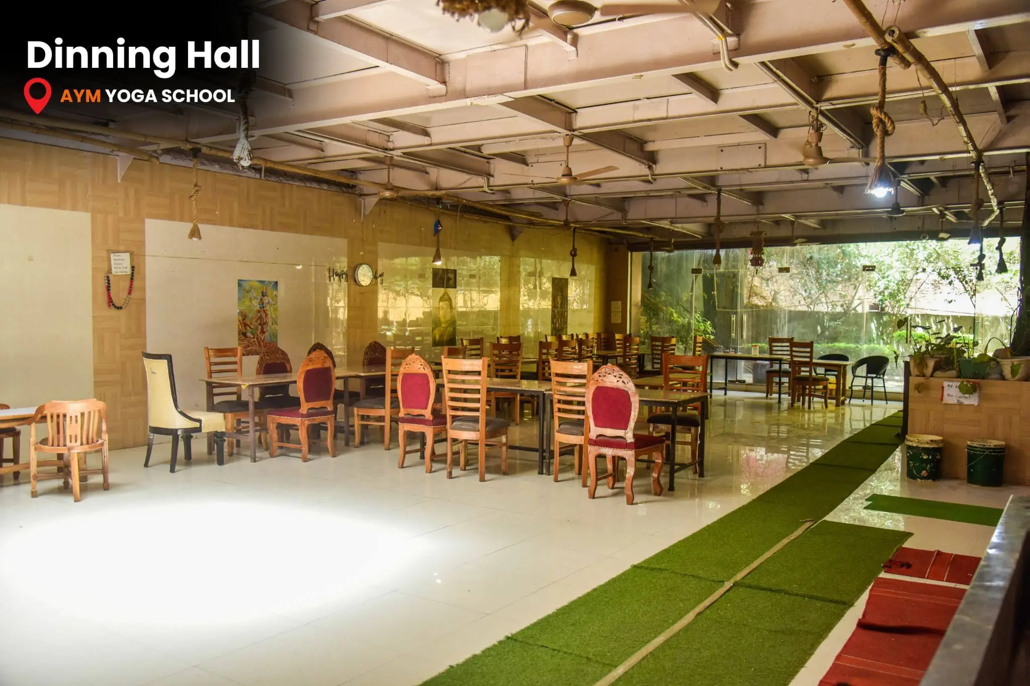 Peaceful indoor yoga studio in Rishikesh