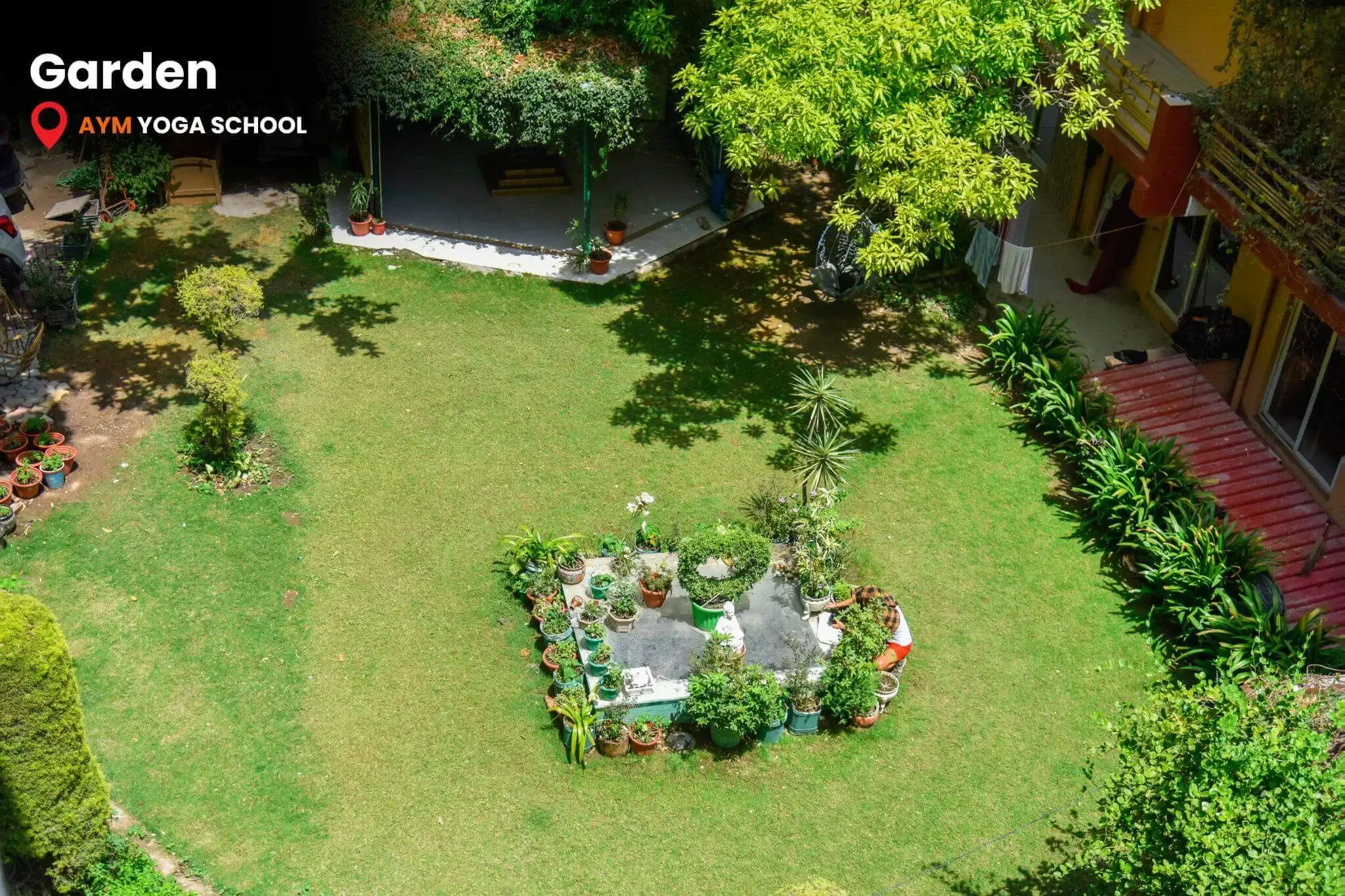 Yoga school campus garden at AYM Rishikesh