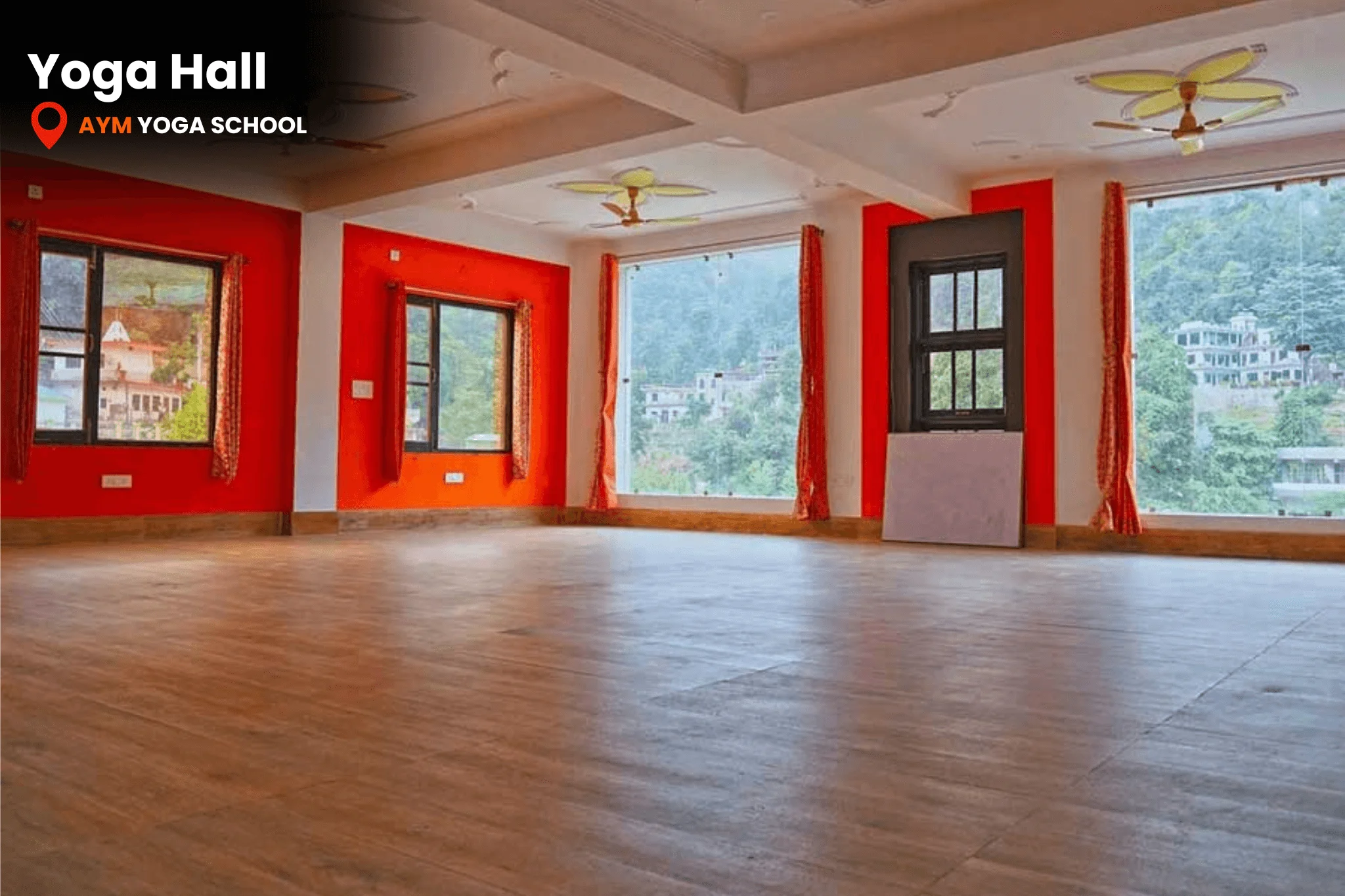 Peaceful indoor yoga studio in Rishikesh