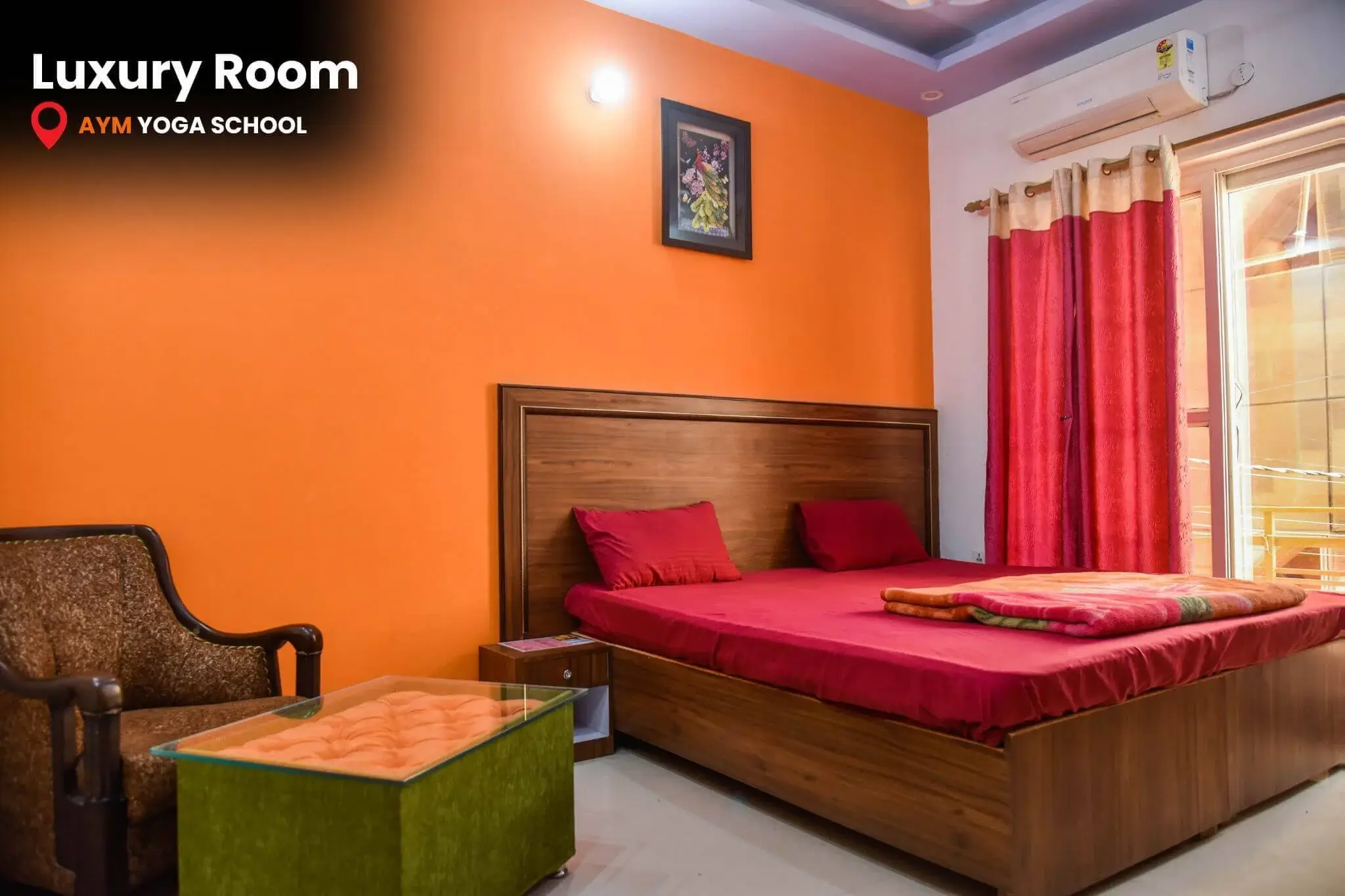 Premium accommodation for yoga students with deluxe amenities at AYM School