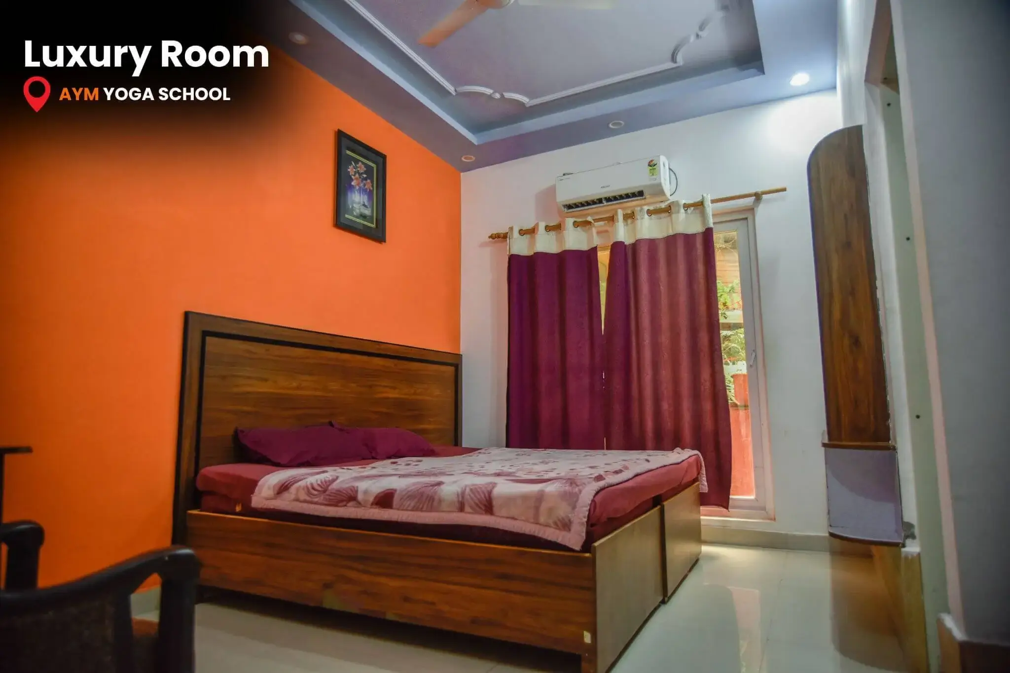 Luxury yoga retreat room with elegant furnishings and scenic balcony view