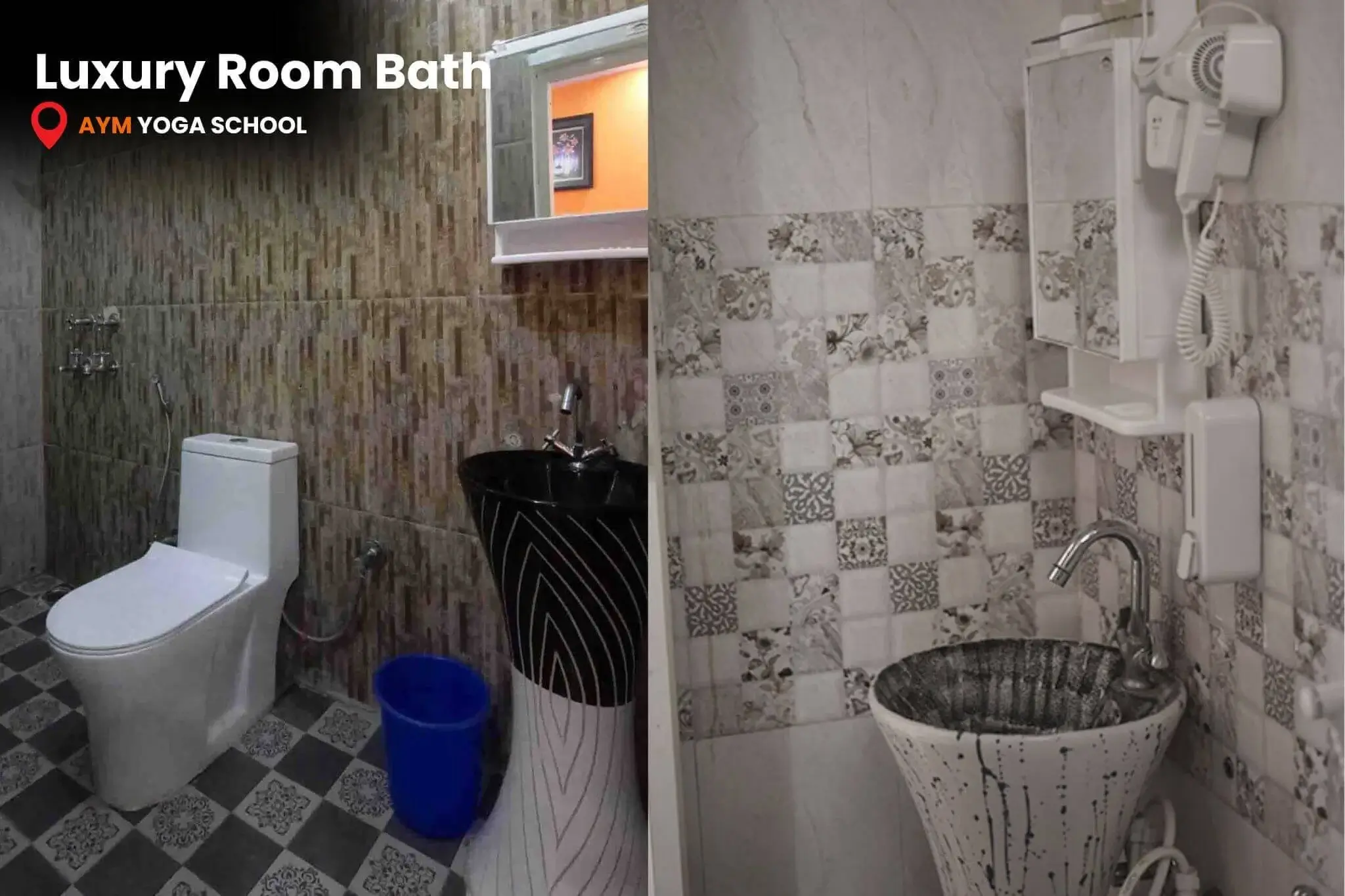 Luxury room attached bathroom at AYM Yoga School