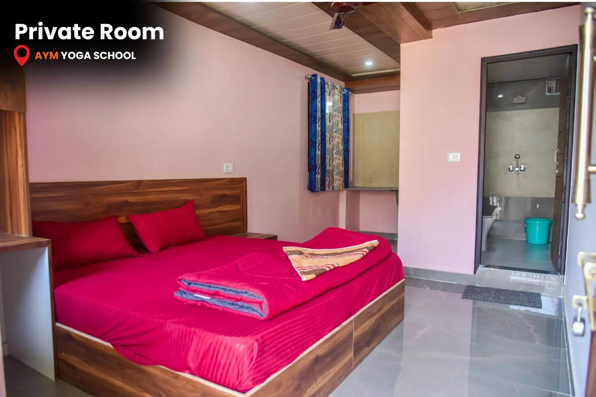 Private accommodation for yoga students with attached washroom and balcony